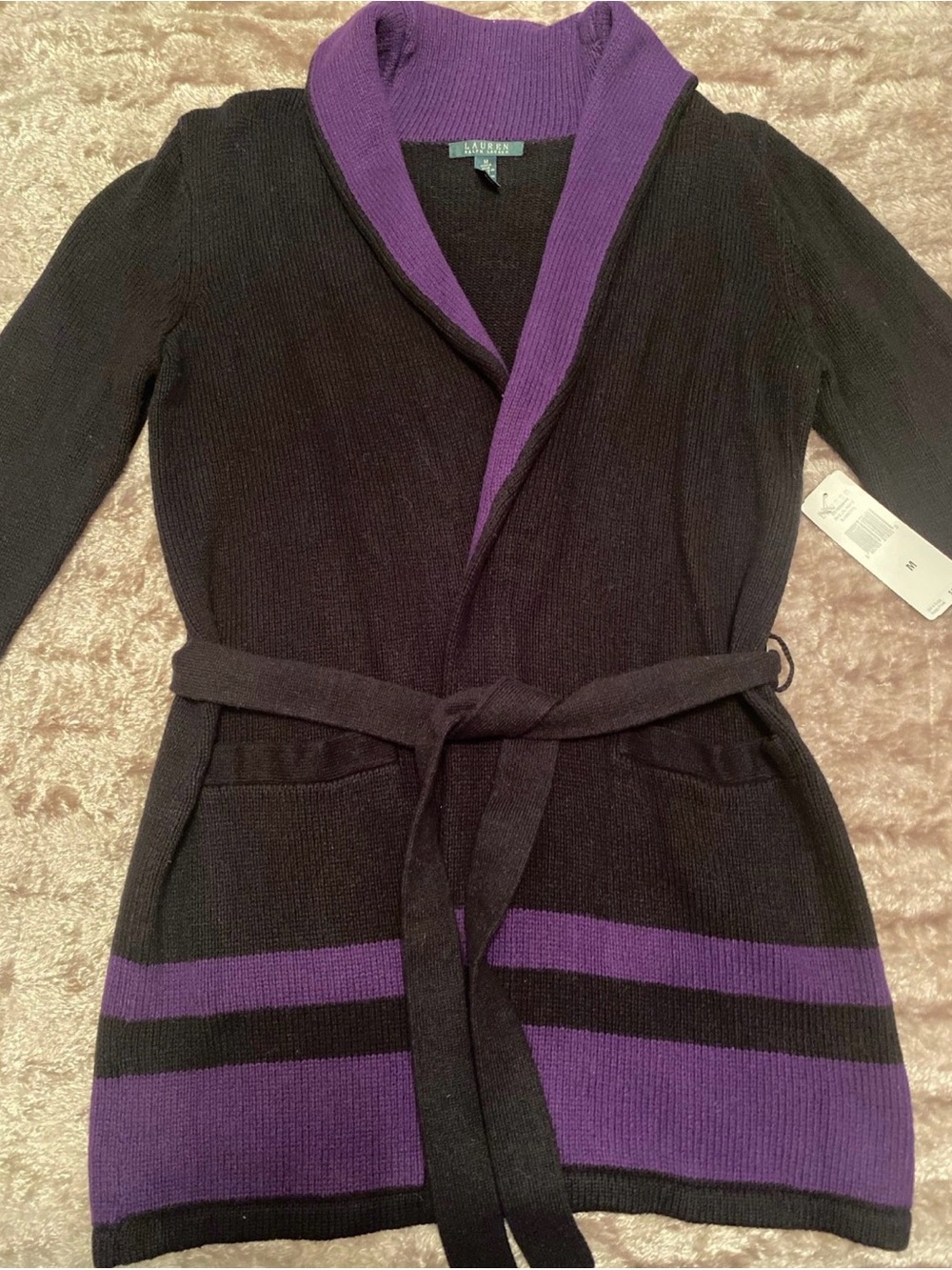 Lauren Ralph Lauren Black & Purple Belted Cardigan Coat